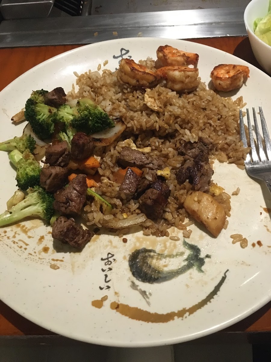 Picture doesn’t do it justice. Gluten-free steak, shrimp, and scallop hibachi with fried rice. Amazing!