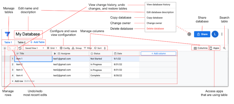 AppSheet database editor with callouts