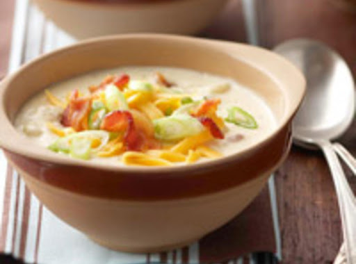 This soup has a nice creamy base and topped off with crispy bacon & shredded cheddar!