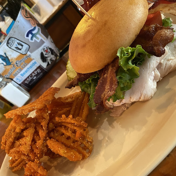 Club on a Gluten free bun with sweet potato fries