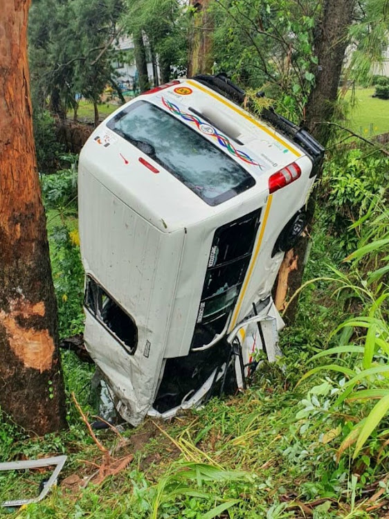 A Durban taxi plunged nose first into an embankment, leaving 13 people injured on Friday