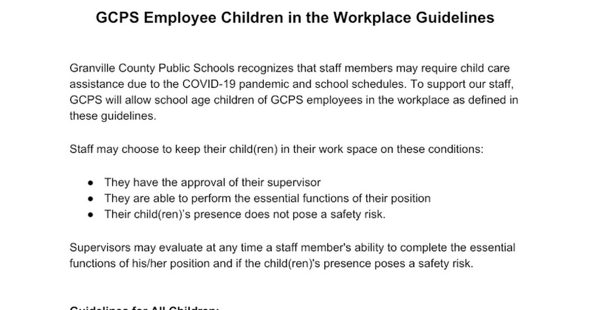 GCPS Employee Children in the Workplace Guidelines