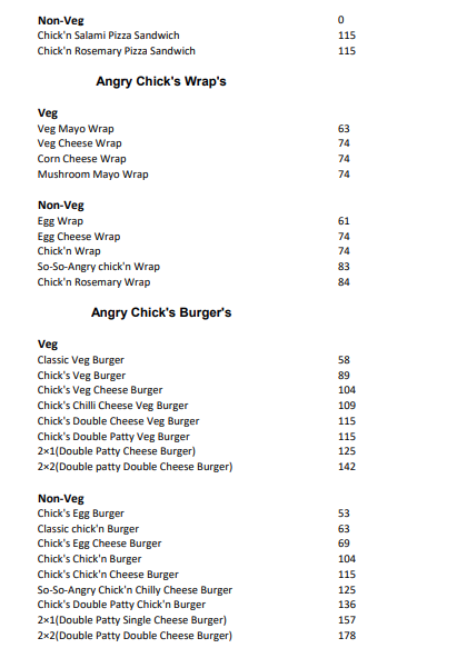 The Angry Chick's menu 