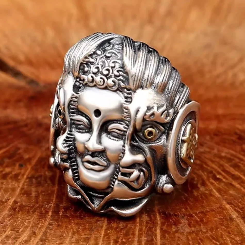 Anel Masculino Dedo Quebrado Estilo Nacional Meio Buda Meio Mágico, Design Exclusivo, Sorte e Proteção Diária