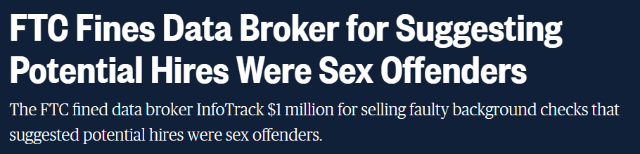 News title that reads "FTC Fines Data Broker for Suggesting Potential Hires Were Sex Offenders"