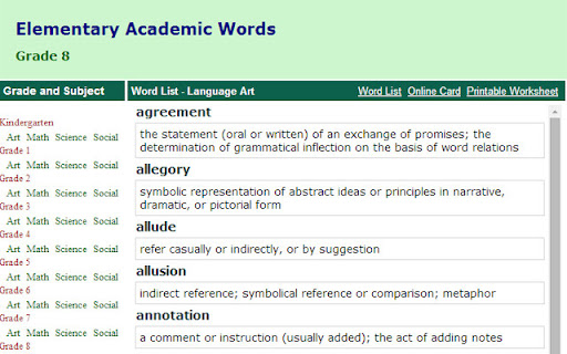 Elementary Academic Words agreement representation 