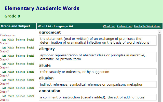 Elementary Academic Words chrome extension