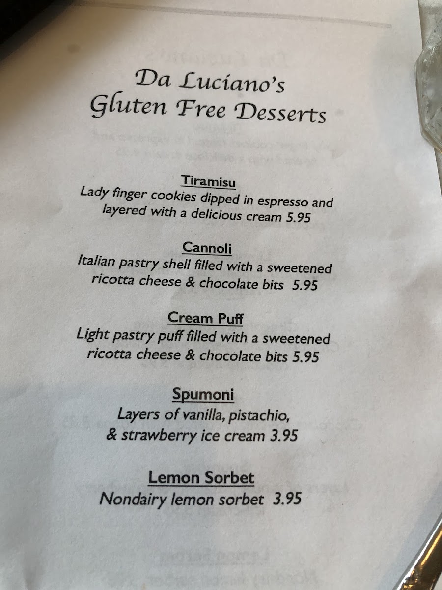 Gluten Free Dessert Menu