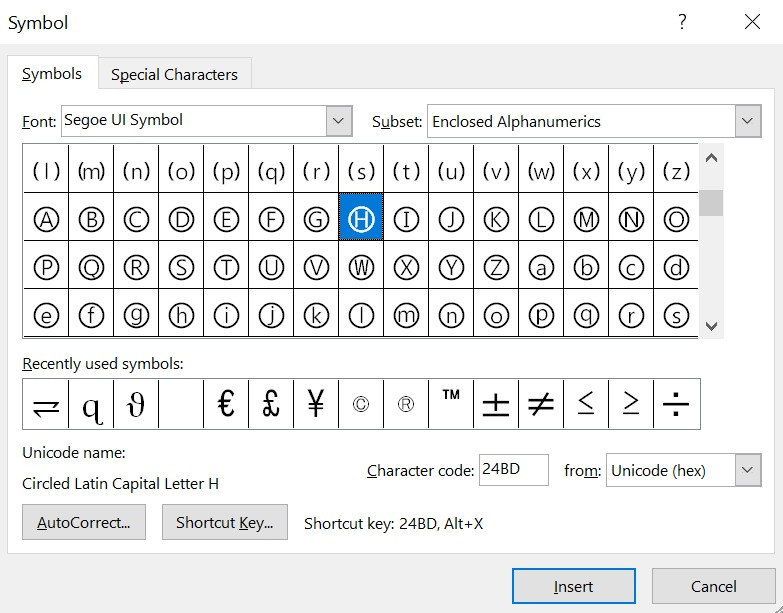 searching for uppercase Circled H symbols using the character code