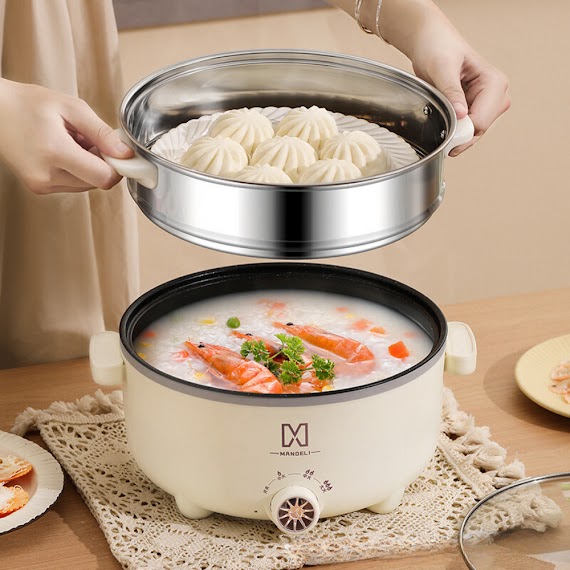 Nồi Lẩu Điện 2 Tầng 28Cm Mandeli, Nồi Lẩu Điện Đa Năng Kèm Xửng Hấp Công Suất 1000W