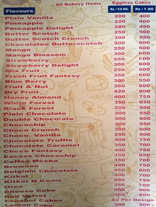 Baker House Cake Gallery menu 