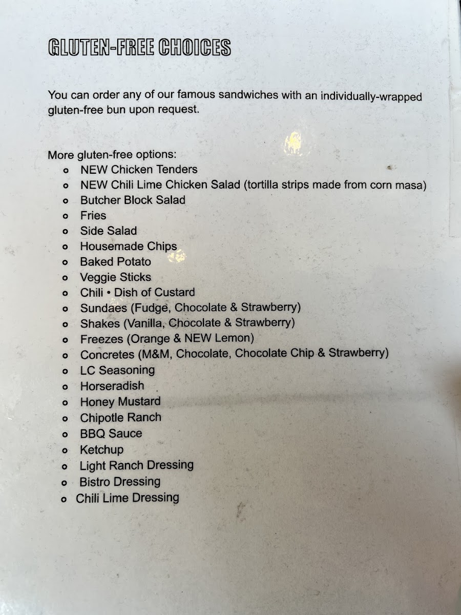 Lion's Choice gluten-free menu