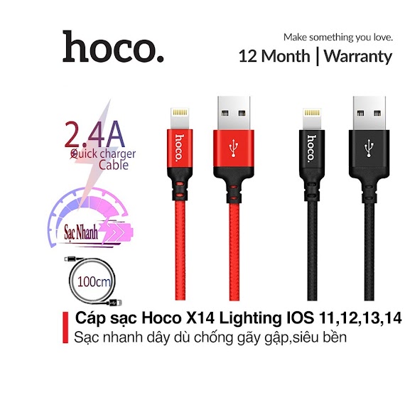 Cáp Sạc Nhanh 2.4A Hoco X14 Dây Dù Siêu Bền Hỗ Trợ Truyền Tải Dữ Liệu Nhanh Chóng Dài 1M/2M Cho Ip/Tablet Táo