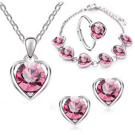 Title 3, Fashion Crystal Heart Necklace Earrings Ring Br...