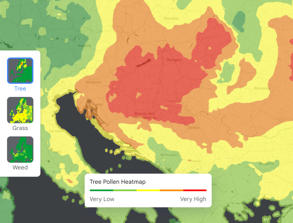 Mappa termica della concentrazione di pollini dell'Europa