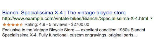 Image showing a search result enhanced by review stars using structured data.