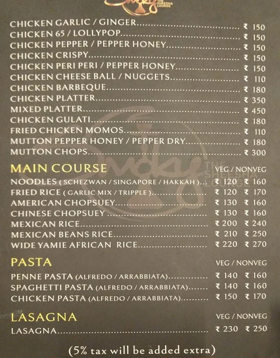 Smoky The Sheesha Lounge menu 