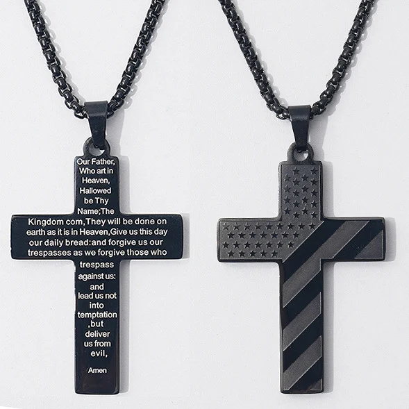 Colar Amazon Masculino Aço Inox com Pingente Cruz Bandeira Americana, Design Patriótico, Corrente Masculina Moderna