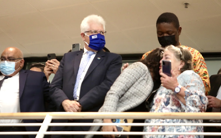 Western Cape premier Alan Winde with then-community safety MEC and DA provincial leader Albert Fritz, left, at the inauguration of Geordin Hill-Lewis as mayor of Cape Town in November 2021.