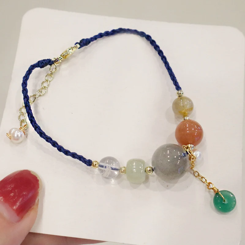 Brazalete de la suerte Duobao para mujer con hilo de muñeca, piedra lunar natural y jade Hetian, para atraer prosperidad y buena fortuna.
