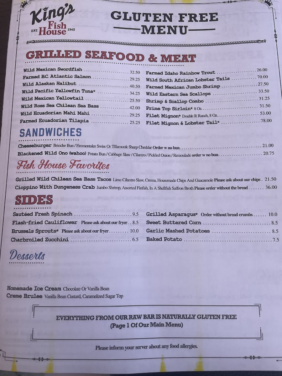 Gluten Free Menu