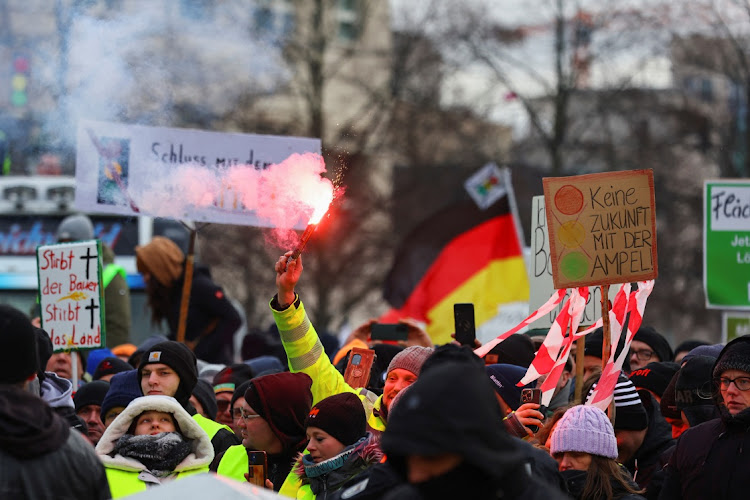 German farmers protest in front of the Brandenburg Gate in Berlin, Germany, January 15, 2024. Picture: FABRIZIO BENSCH/REUTERS