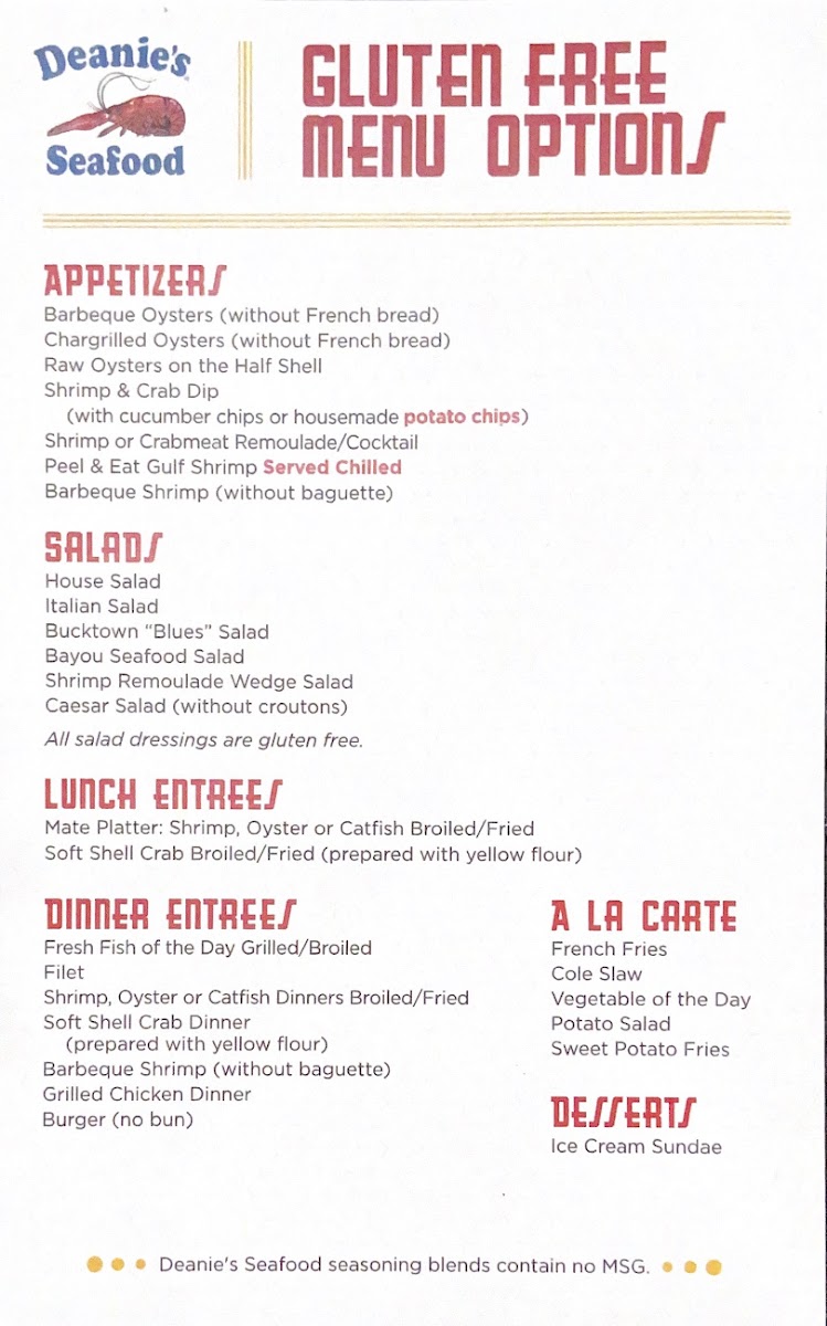 Gluten Free Menu