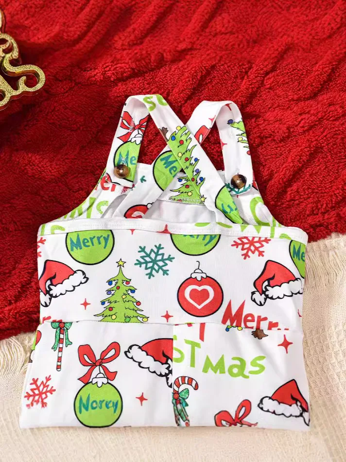 Vestido de fiesta navideño para niñas con estampado, pantalón con tirantes acampanados y burr, ¡perfecto para celebrar!