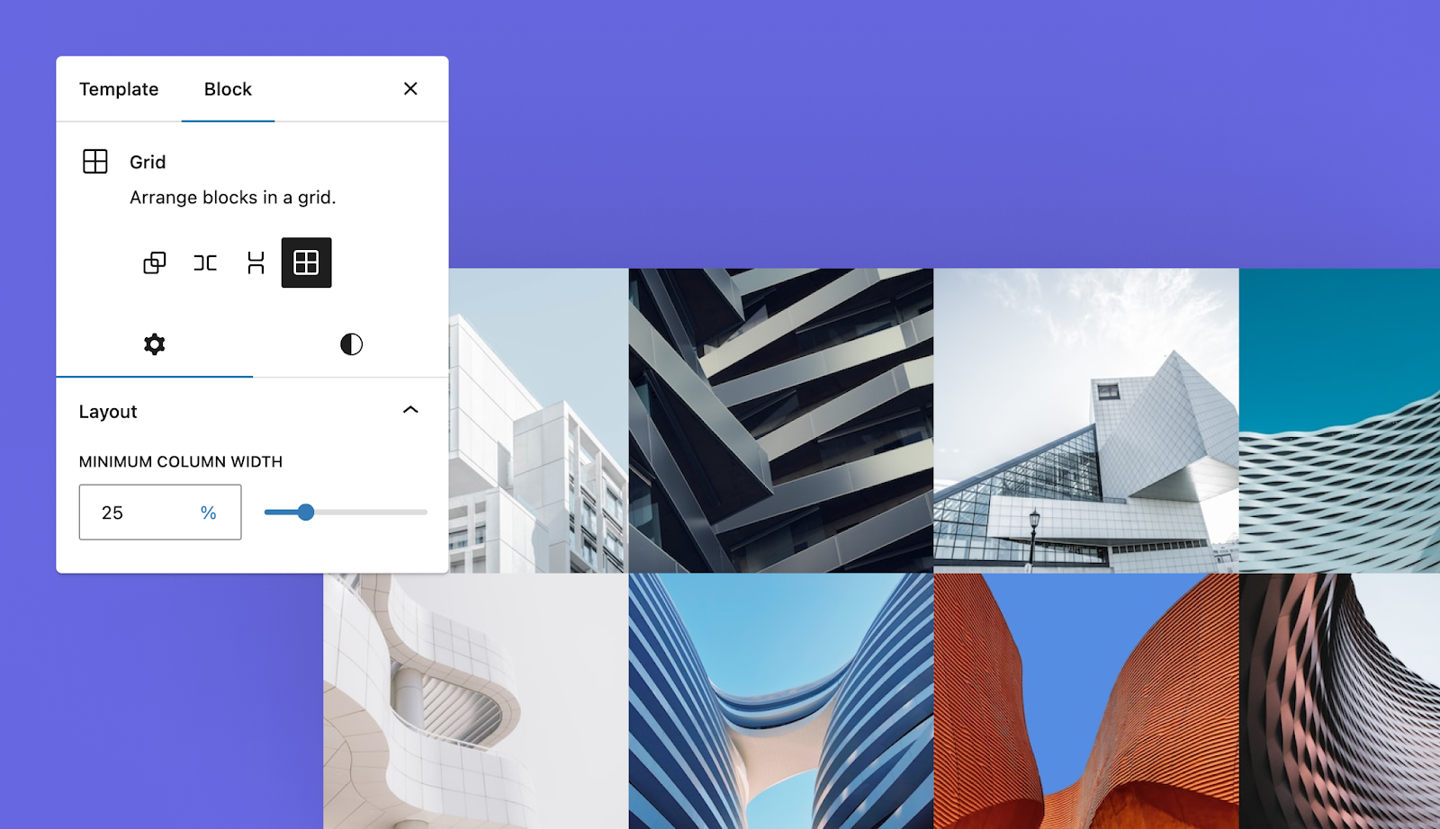 A 4-column grid with two rows of architecture images. Overlaid is the current Grid layout options from the block editor.