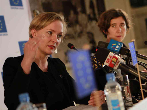 European Union 2017 elections Chief Observer, Marietje Schaake with deputy observer Hannah Roberts during a press conference at a Nairobi Hotel yesterday. Photo/Monicah Mwangi.