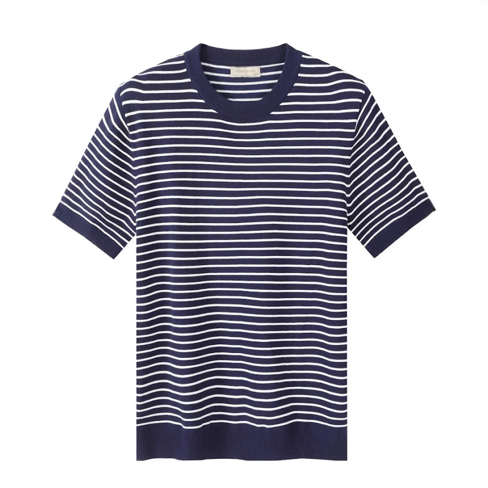 T-shirt en maille rayée pour homme, de qualité supérieure, col rond, décontractée, confortable et parfaite pour un look quotidien stylé.