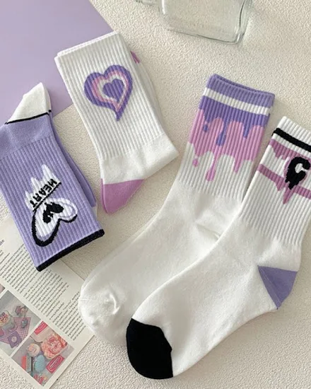 Women Cotton Socks Purple Heart Print Middle Tube Sock Am... - 2