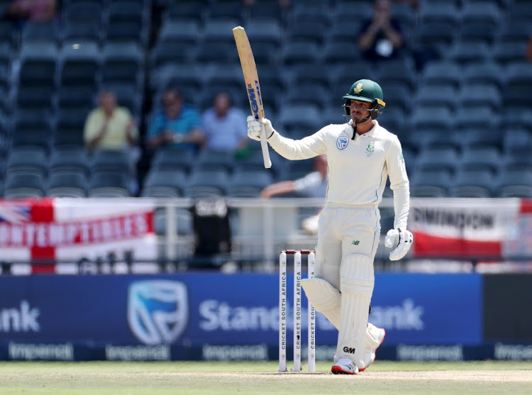 BIG ONE: Quinton de Kock celebrates his 50 in SA’s first innings against England at The Wanderers in Johannesburg at the weekend