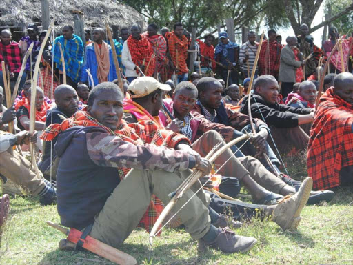 Residents of Ololoibangi in Narok South sub county during a peace meeting on Saturday.Photo Kiplangat Kirui