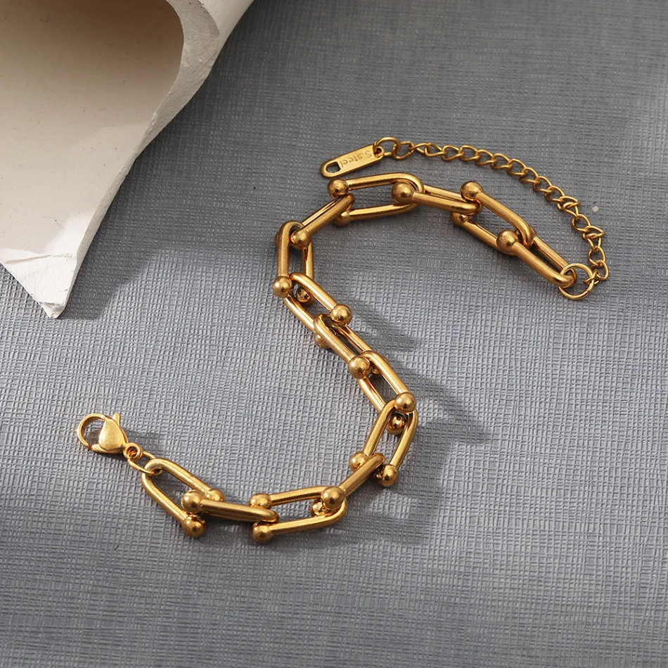 Pulseira de Corrente Metal Personalidade Camada Única Aço Inox Banho Ouro 18K Design Sofisticado e Estiloso para Uso Diário