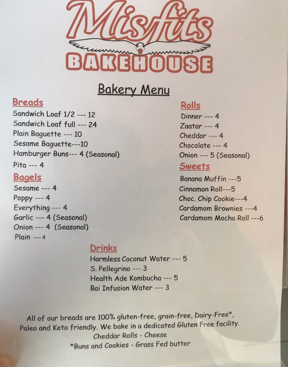 Misfits Bakehouse gluten-free menu