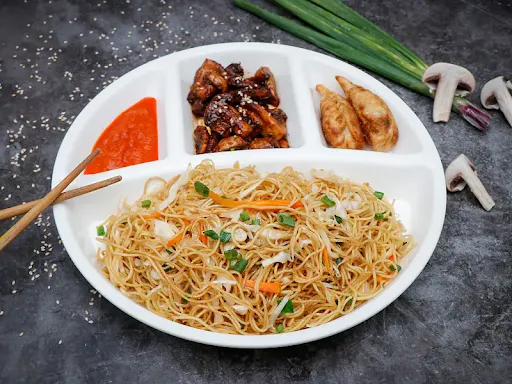 Pan Fried Grilled Mushroom + Veg Chow Mein + Veg Fried Momo