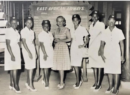 Mwaikambo (third from right) briefly worked as an air hostess in 1960, before spreading her wings to study in Russia. Picture: Supplied