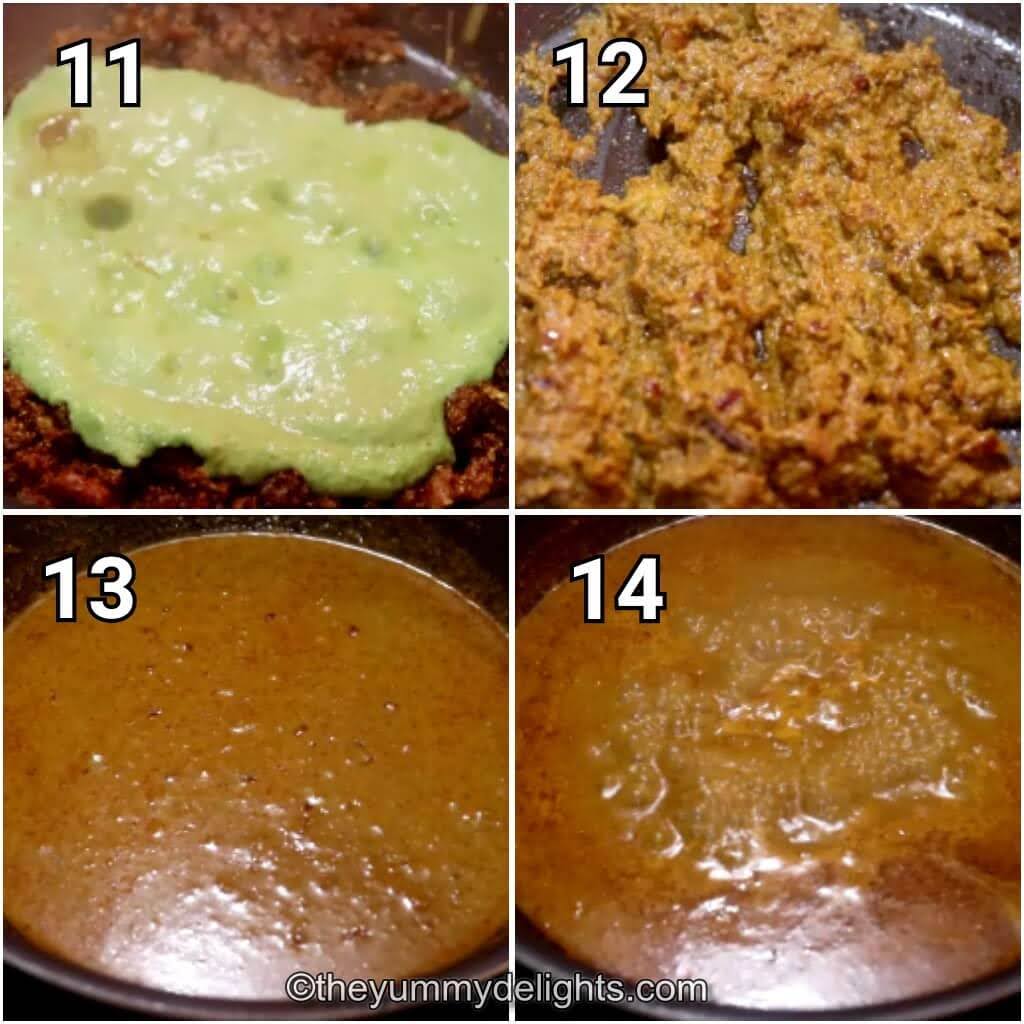 step by step images of cooking the green masala and addition of water and salt.