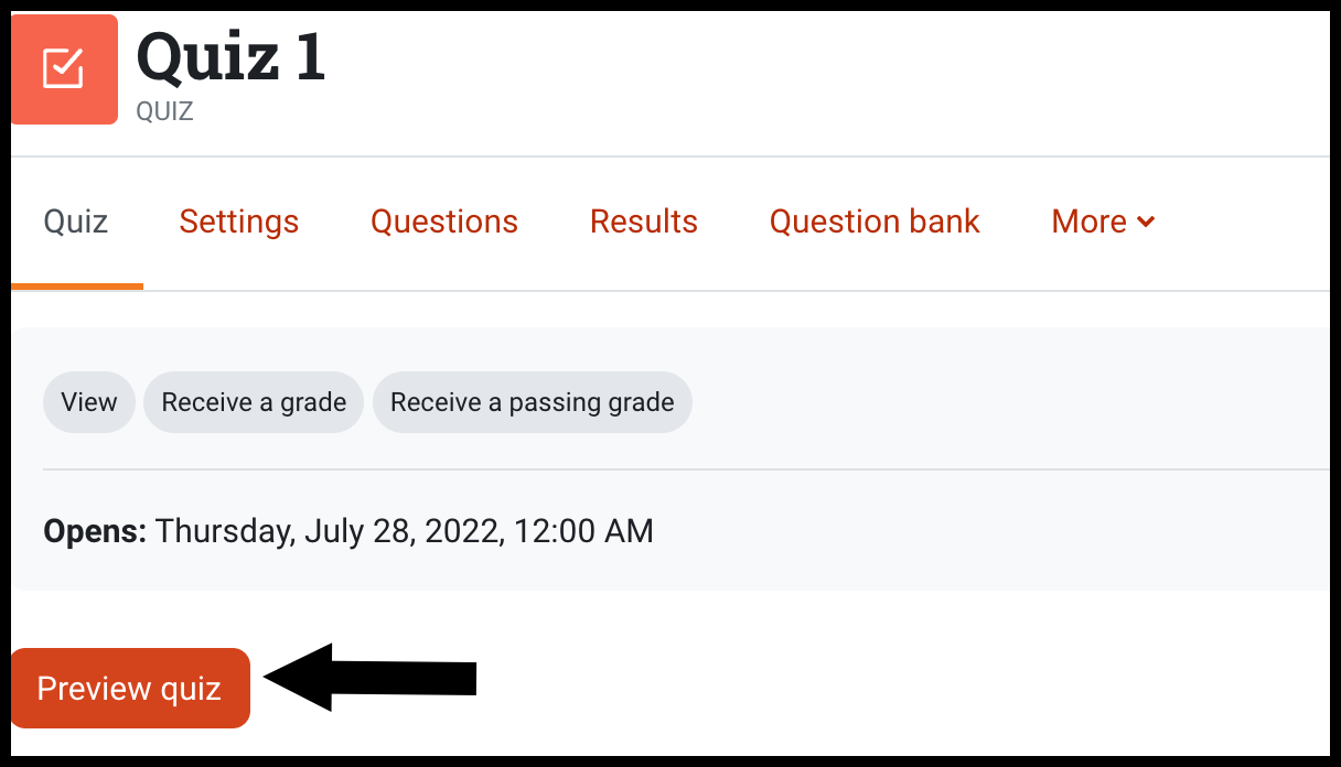 Arrow pointing to Preview quiz button on the Quiz page