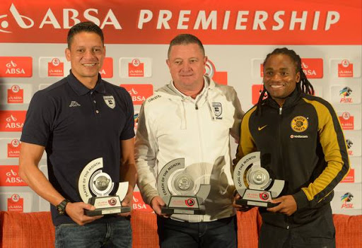 Bidvest Wits' goalkeeper Moeneeb Josephs (L), his head coach Gavin Hunt (C) and Kaizer Chiefs' captain Siphiwe Tshabalala during the Absa Premiership Player, Coach and Goal of the Month for May 2017 at PSL Press Conference Room on May 31, 2017 in Johannesburg, South Africa.