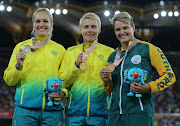 Kelsey-Lee Roberts of Australia, Kathryn Mitchell of Australia and Sunette Viljoen (R) of South Africa during the Medal Ceremony of the Women's Javelin Throw Final on day 7 of the Gold Coast 2018 Commonwealth Games at Carrara Stadium Javelin on April 11, 2018 in Gold Coast, Australia. Viljoen won gold. 
