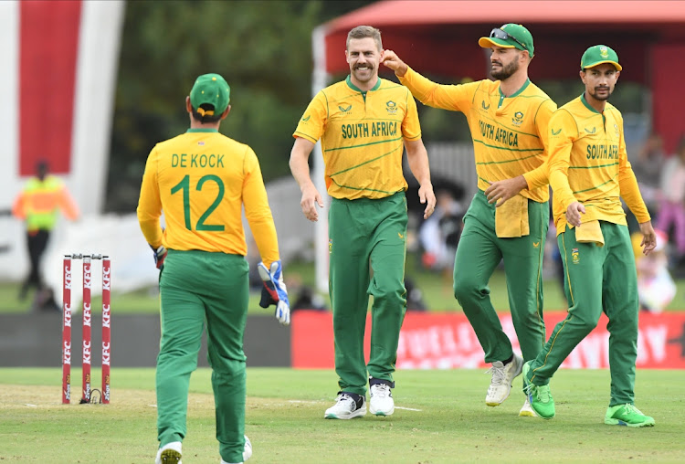 Anrich Nortje of South Africa celebrates his dismissal of Nicholas Pooran of the West Indies with his teammates during the 1st KFC T20 International match between South Africa and West Indies at SuperSport Park on March 25, 2023 in Centurion, South Africa. Photo: Sydney Seshibedi/Gallo Images