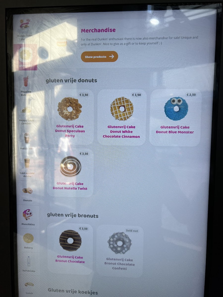 Glutenvrij (gluten-free) product selection on self service totem.