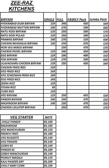 Zee Raz Kitchens menu 