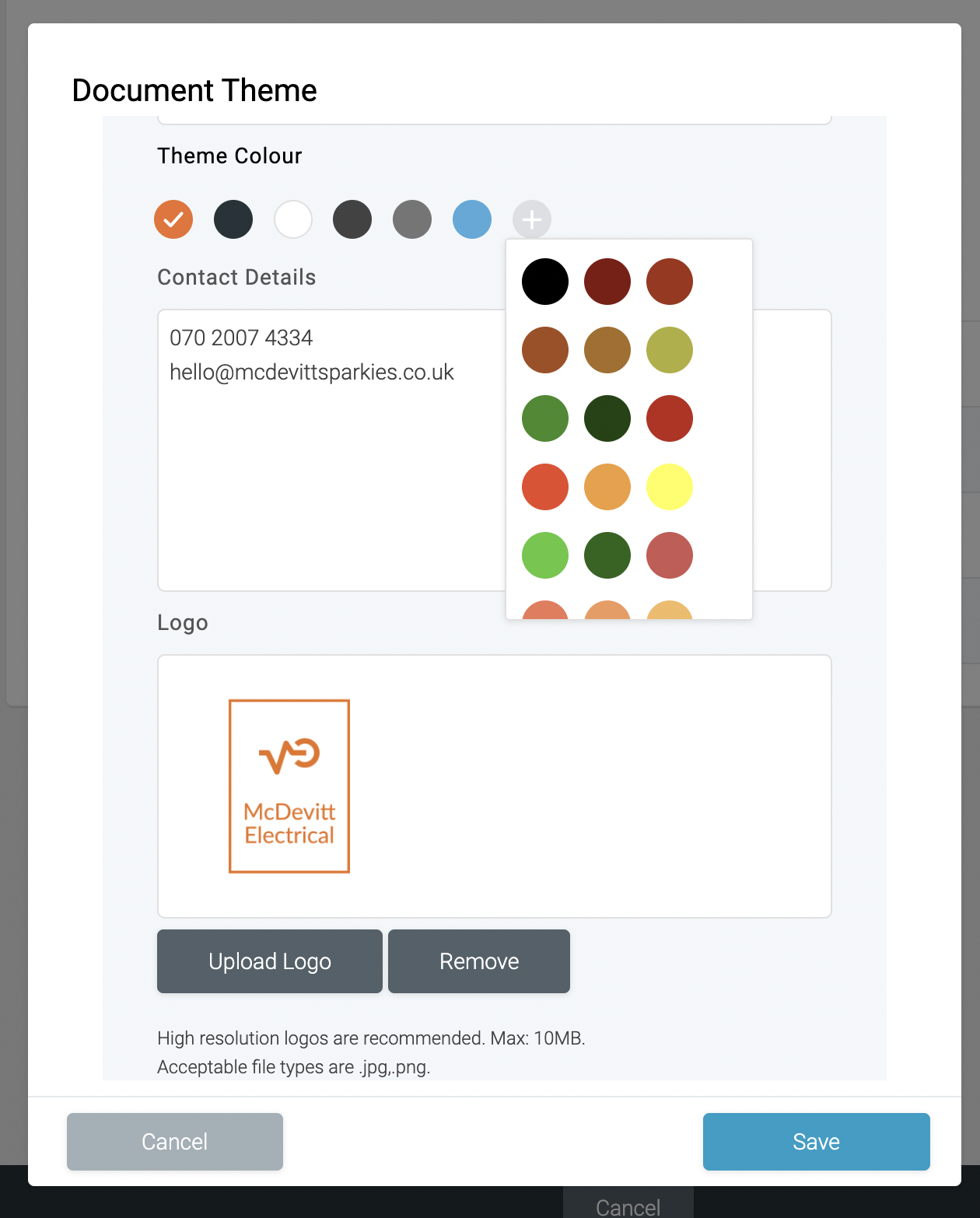 Document Theme in Tradify job management software