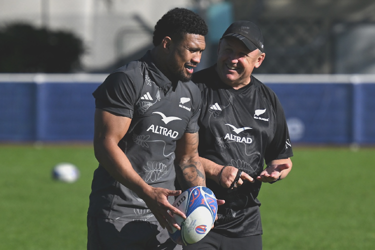 Loose forward Ardie Savea and head coach Ian Foster during an All Blacks training session at Stade du Parc in Rueil-Malmaison, Paris on Tuesday ahead of Saturday's 2023 Rugby World Cup France final against South Africa.