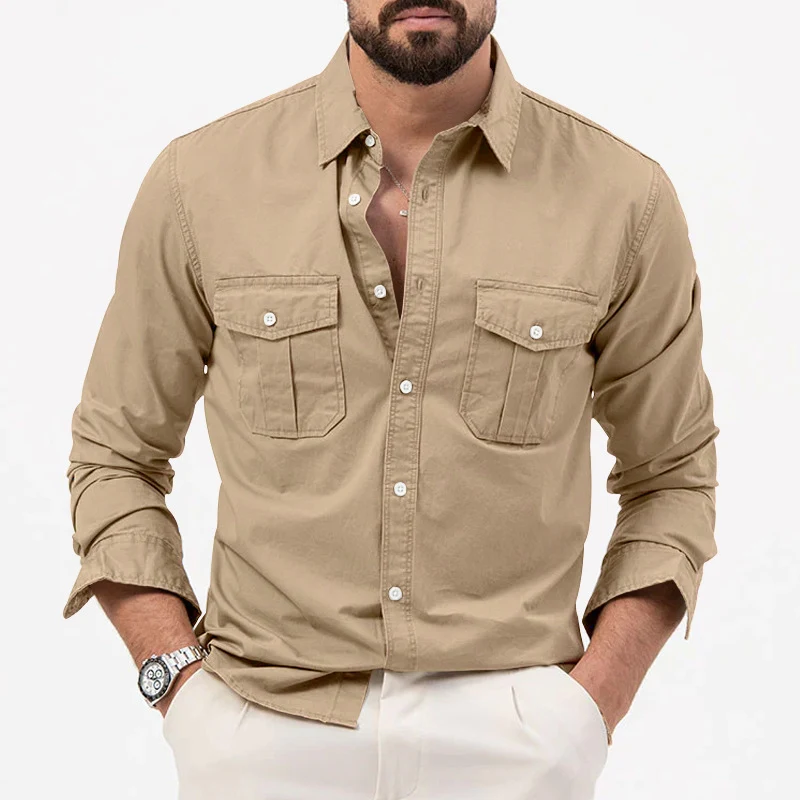 Camisa masculina de manga longa casual com múltiplas utilidades e bolsos. Cor sólida, ideal para o dia a dia. Conforto e estilo em uma só peça.