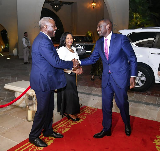 Equity Group managing director and CEO James Mwangi and Investment, Trade and Industry CS Rebecca Miano welcome President William Ruto to the Africa Green Industrialization Dinner, which was co-hosted by the Government of Kenya alongside Equity Group, on the sidelines of COP28 in Dubai. Equity Group joined forces with governments and private sector players at COP28 in a multi-sectoral approach to tackle climate change and showcased its achievements as a catalyst for sustainable economic and social development in Africa through its strategy and development framework, the Africa Recovery and Resilience Plan/HANDOUT