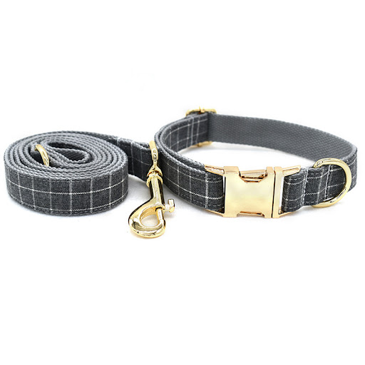 Title 3, Grey plaid dog collar with golden metal button,...